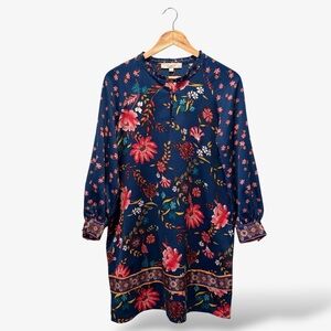 LOFT Wildflower Blue Satin Shift Dress Long Balloon Sleeve Size MP Casual Office